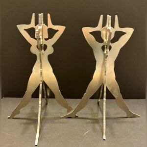 Mid-Century Modern Abstract Metal Nude Sculptures Pair Brutalist Atomic Art 10”